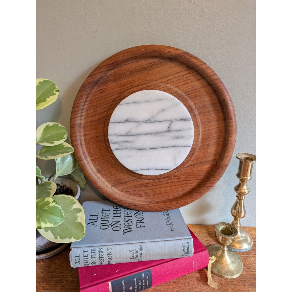 Vintage Good Wood Teak Cheese Board White Marble Inlay Serving Tray 11.5"